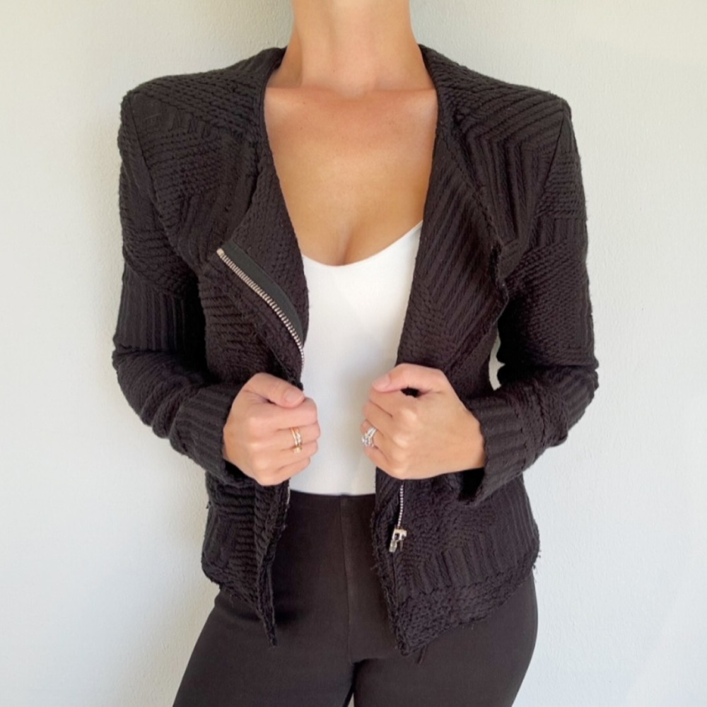IRO Mepsie black metallic silver woven zip up asymmetrical jacket size 40